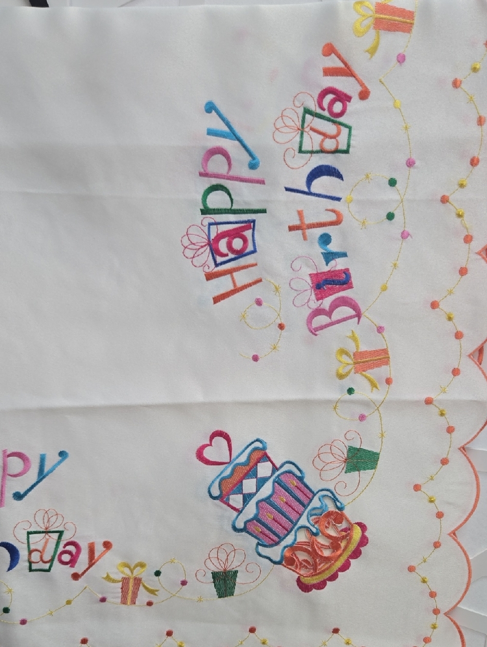 Happy Birthday White Party Tablecloth with Multicolor Embroidery